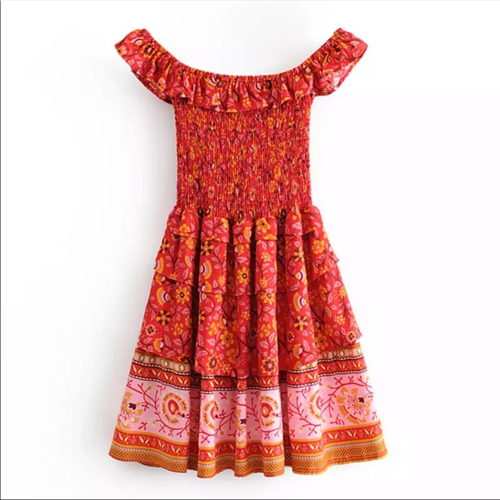 Off the Shoulder Boho Floral Gypsy Print Dress Red - Picture 6 of 10